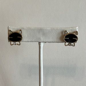 Gold Tone Black Enamel Bow Tie Kitty Earrings
